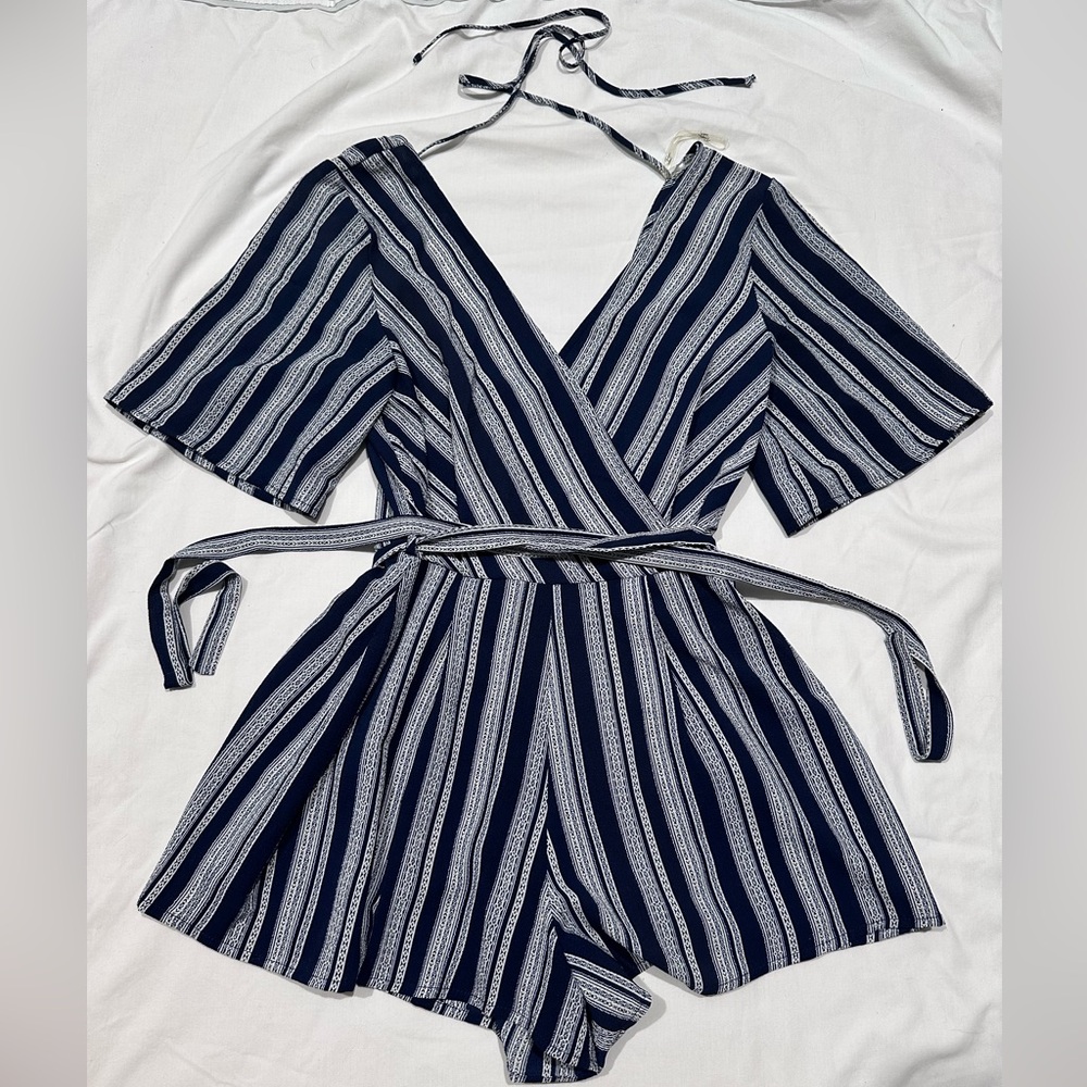 {Trixxi Clothing Company} blue and white short sleeved romper, women's size S